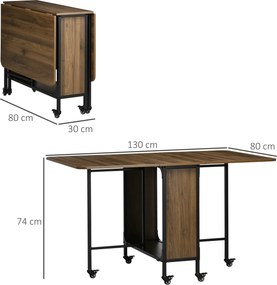 Mesa de Cozinha Dobrável Mesa de Refeição Dobrável com Rodas Laterais Abatíveis e Prateleira Mesa Dobrável para Sala de Jantar 130x80x74 cm Castanha