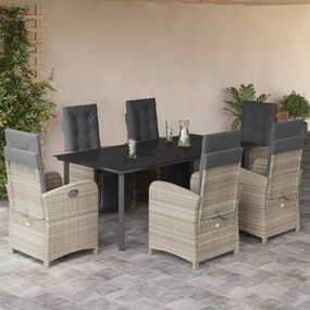 7 pcs conj. jantar p/ jardim c/ almofadões vime PE cinza-claro