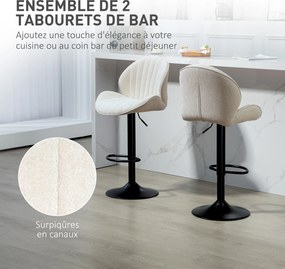 Conjunto de 2 bancos de bar em forma de concha, com encosto, altura ajustável e apoio para os pés, estrutura em aço, bege