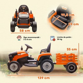 Trator elétrico para crianças com reboque amovível, comando à distância de 2,4 GHz, 139 x 58 x 55 cm, laranja