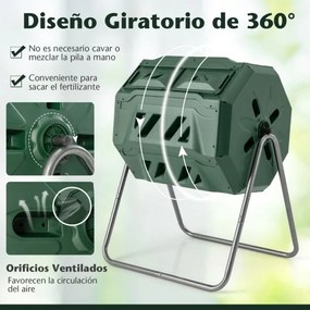 Tambor de Compostagem 160 L de Câmara Dupla com 2 Portas Deslizantes para Resíduos de Jardim Verde