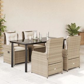 5 pcs conjunto de jantar p/ jardim com almofadões vime PE bege