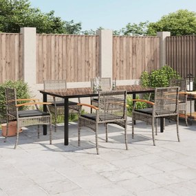 7 pcs conjunto de jantar p/ jardim c/ almofadões vime PE cinza