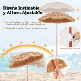 Guarda-sol Havaiano Tiki com telhado de colmo, inclinável e portátil 175 x 194 cm em Palha PP, tecido de poliéster e cor Natural