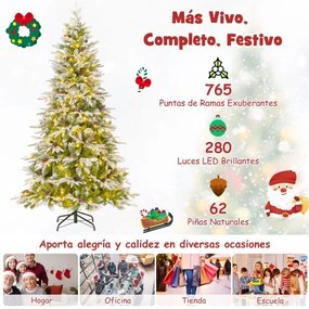 Árvore de Natal Artificial de 190 cm com 280 Luzes LED Neve Simulada 765 Ramos Articulados com 62 Pinhas Verde