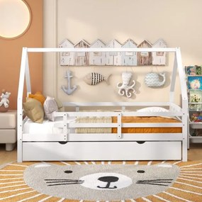 Cama infantil 90 x 200 cm em forma de casa com cama extra  (COLCHÕES NÃO INCLUIDOS) Estrutura de madeira com teto e grades de segurança Não necessita