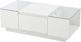 Mesa de centro com arrumação, iluminação LED ambiente, tampo de vidro e 2 gavetas, 105x50x35 cm, Branco