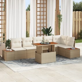 vidaXL Conjunto de Jantar de Jardim com 7 Peças e Almofadas Bege em Rattan Sintético e Acácia