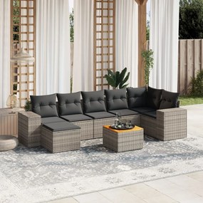 8 pcs conjunto sofás de jardim c/ almofadões vime PE cinzento