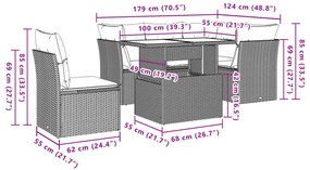 6 pcs conjunto de sofás jardim c/ almofadões vime PE castanho