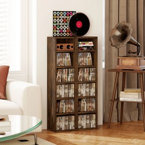 Conjunto de 2 estantes verticais para arrumação de CDs, com 12 compartimentos, 21 x 22,5 x 88,5 cm, capacidade para 204 CDs, castanho rústico