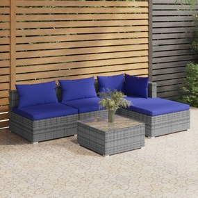 vidaXL 5 pcs conjunto lounge de jardim c/ almofadões vime PE cinzento