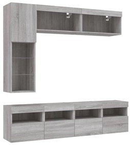7 pcs conj. móveis de parede p/ TV c/ luzes LED cinzento sonoma