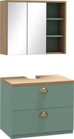 Conjunto de 2 móveis de casa de banho com prateleiras ajustáveis e 2 gavetas (LAVATORIO NÃO INCLUIDO), design escandinavo, verde