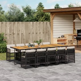 11 pcs conjunto de jantar p/ jardim c/ almofadões vime PE preto