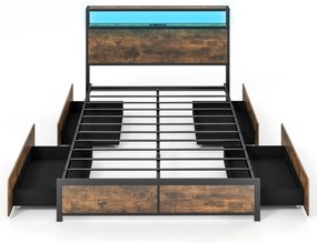 Estrutura de cama de casal 140 x 200 cm em metal (COLCHÃO NÃO INCLUIDO) Cabeceira com luz LED RGB 4 Ligação USB  gavetas de arrumação Castanha