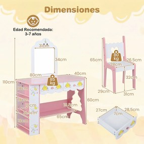 Conjunto de Toucador Infantil com Banco, 80 x 40 x 110 cm, Design 2 em 1, Cor-de-rosa