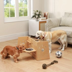 Comedouro elevado para cães com 3 alturas ajustáveis 63 x 58,5 x 40 cm, comedouro para cães com 2 tigelas em aço inoxidável, em cor carvalho