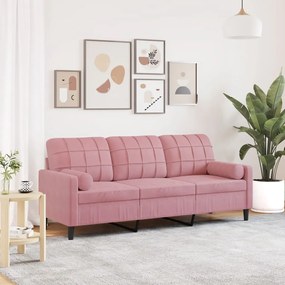 Sofá 3 lugares c/ almofadas decorativas 180 cm veludo rosa