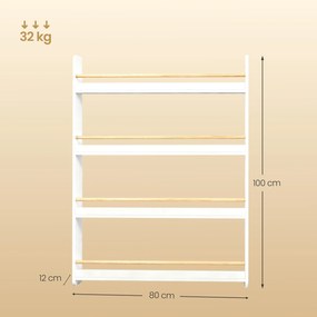 Estante infantil, 4 níveis, estante para brinquedos 12 x 80 x 100 cm branco-natural