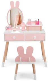 Toucador infantil 2 em 1 e cadeira com espelho de maquiagem 2 gavetas prateleira  com pernas de madeira maciça rosa