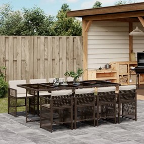 vidaXL 9 pcs conjunto jantar p/ jardim c/ almofadões vime PE castanho