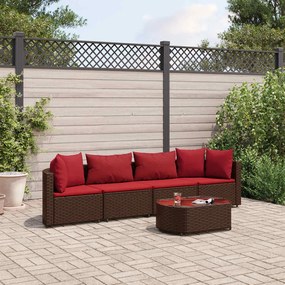 5 pcs conjunto sofás p/ jardim c/ almofadões vime PE castanho