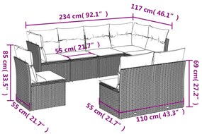 8 pcs conjunto sofás de jardim c/ almofadões vime PE castanho