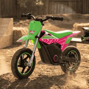 Mini moto eléctrica velocidade até 13 Km/h C/Limitador RFN Warrior Kids SX-E150 150W 12/12” Supermotard Verde / Rosa
