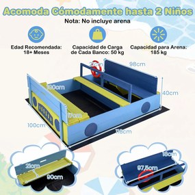 Caixa de areia infantil em madeira com tema de carro 118 x 100 x 40 cm, com capota conversível, bancos, forro e volante, para crianças a partir dos 18