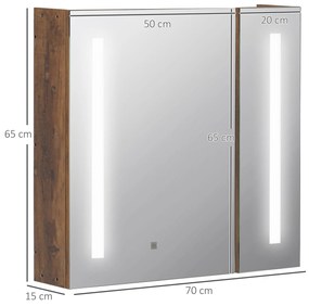 Armário com Espelho de Casa de Banho com Luz LED Armário de Casa de Banho Suspenso com 2 Portas e Interruptor Tátil Estilo Moderno 70x15x65cm Marrom R