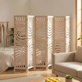 Biombo de interior em madeira com 6 painéis, 240 x 170 cm, dobrável e portátil, com padrão de folhas, design amovível, madeira natural