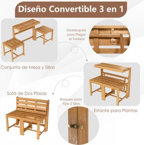 Banco de madeira de acácia 3 em 1, convertível em mesa e cadeiras + estante para plantas multifuncional para terraço e jardim, com um estilo natural