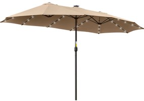 Outsunny Chapéu de Sol Duplo de Jardim com 48 Luzes LED Solar 450x265x240cm Chapéu de Sol de Exterior com Manivela Proteção Solar para Terraço Balcão Piscina Cáqui
