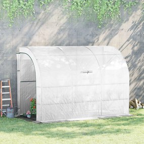 Estufa de jardim encostada com prateleiras de 3 níveis, pequena estufa de varanda em lona de PE 140 g/m², 300 x 150 x 213 cm, branca