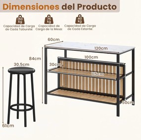Conjunto de Ilha de Cozinha com 2 Bancos, 120 x 60 x 84 cm, Tampo com Efeito Mármore, Branco