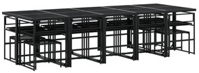 15 pcs conjunto de jantar p/jardim com almofadões vime PE preto