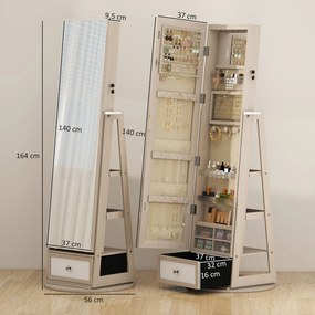 Espelho de Pé Giratório 360° com Espelho com Interior Iluminado Organizador de Jóias com Prateleiras e Gavetas 56x56x164 cm Madeira