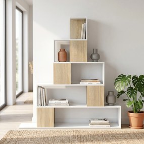 Estante de arrumação 120 x 22 x 131,5 cm, estante geométrica com 5 níveis, para escritório, sala de estar, quarto, em branco e madeira natural