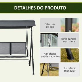 Baloiço de Jardim Exterior para 2 Pessoas Toldo Ajustável Estrutura em Aço Assentos de Textilene 140x118x162 cm Cinzento Escuro
