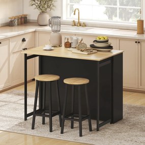 Mesa de bar extensível com aba 116 x 79,6 x 90,5 cm, mesa alta de cozinha, 1 armário e 4 compartimentos abertos, preta e efeito de madeira natural