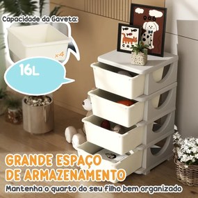 Organizador de Brinquedos 37x37x76 cm com 4 Gavetas Torre de Arrumação para Crianças +3 Anos Cantos Arredondados e Pegas  Creme