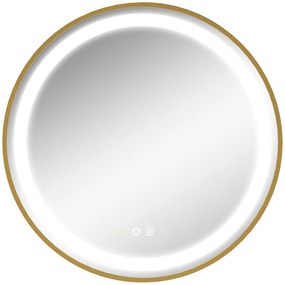 kleankin Espelho Casa de Banho com Luz LED Ø60x4cm Espelho Redondo com Interruptor Tátil 3 Luzes Ajustáveis Visualização de Temperatura e Hora Função de Memória Estrutura de Alumínio Dourado