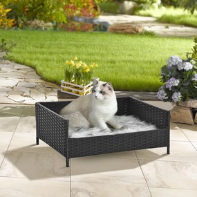 Sofá Cama para Cães de Vime Cama Elevada para Gatos Retangular com Almofada Suave e Lavável para Interior e Exterior 61x46x24,5cm Preto