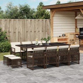 13 pcs conjunto jantar p/ jardim c/ almofadões vime PE castanho