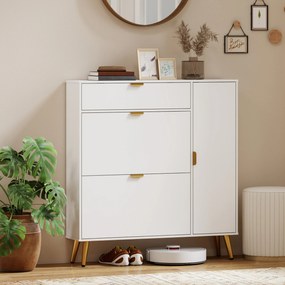 Sapateira com capacidade para 12 pares 99,4 x 23,8 x 106,6 cm, 2 gavetas rebatíveis, 4 compartimentos, branco