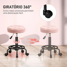 Banco Giratório Cosmetica Redondo Banco com Rodas Altura Regulável 50-66 cm Assento Estofado em Tecido tipo Borreguito Rosa