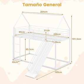 Cama Beliche Crianças 204 x 195 x 181,5 cm em forma de casa com escorrega (COLCHÃO E ACESSÓRIOS IMAGEM NÃO INCLUIDOS) com grade de segurança e escada