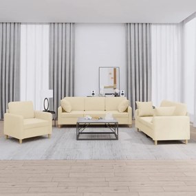 3 pcs conjunto de sofás com almofadas tecido cor creme