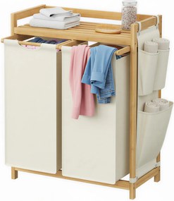 Cesto da roupa suja com 2 compartimentos, bambu 100 L, 63,2 x 33 x 78 cm branco